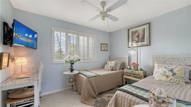 tiled bedroom with ceiling fan