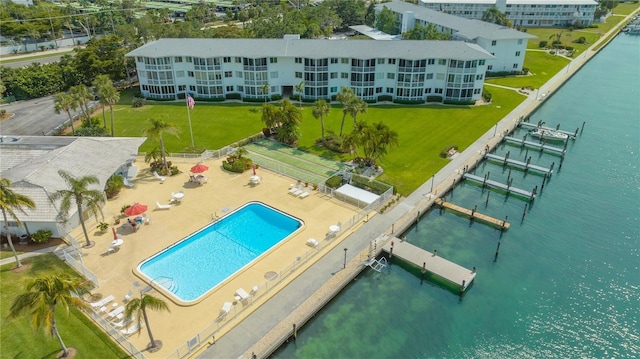 drone / aerial view featuring a water view