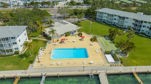 birds eye view of property featuring a water view