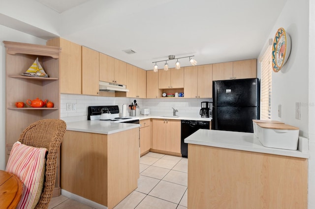 kitchen featuring black appliances, sink, light brown cabinetry, tasteful backsplash, and light tile patterned flooring