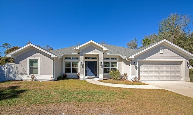 single story home featuring driveway, stucco siding, roof with shingles, an attached garage, and a front yard