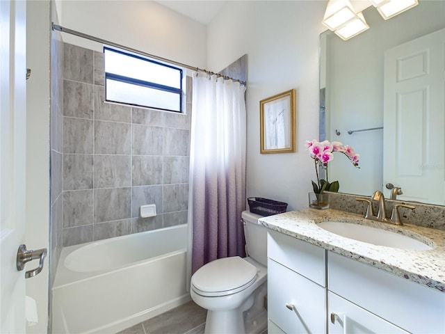 full bathroom featuring toilet, shower / tub combo, tile patterned floors, and vanity