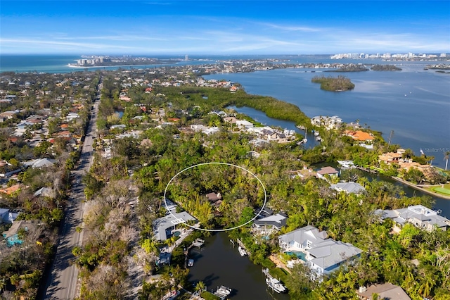 drone / aerial view featuring a water view