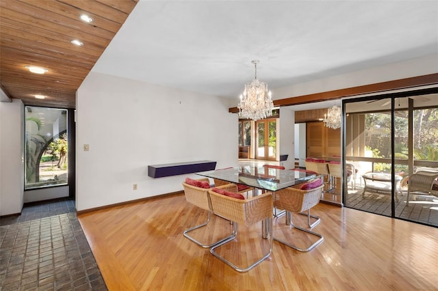 dining area with a chandelier, hardwood / wood-style flooring, a wealth of natural light, and wooden ceiling