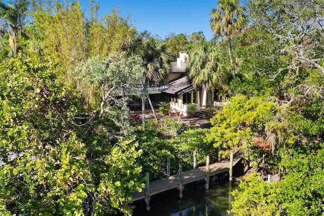 rear view of property with a water view