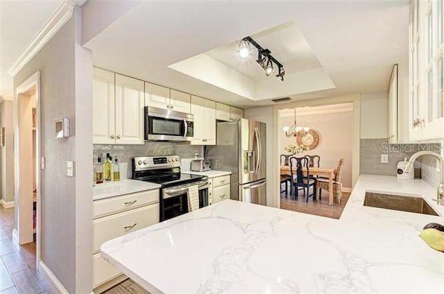 kitchen featuring sink, light stone counters, kitchen peninsula, a tray ceiling, and appliances with stainless steel finishes