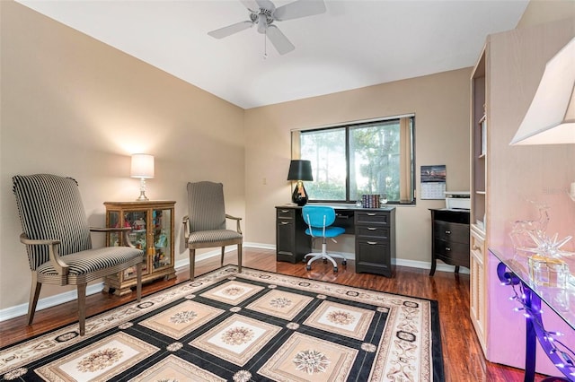 office area featuring ceiling fan and dark hardwood / wood-style floors