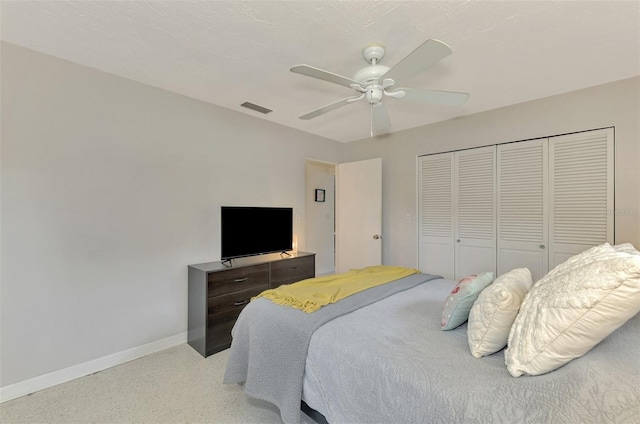 bedroom with ceiling fan and a closet