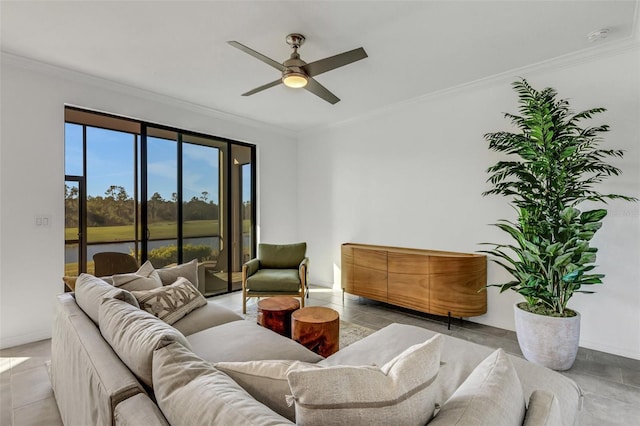 living room featuring ceiling fan, light tile patterned floors, and crown molding