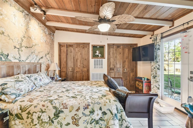 bedroom featuring vaulted ceiling with beams, ceiling fan, and access to exterior