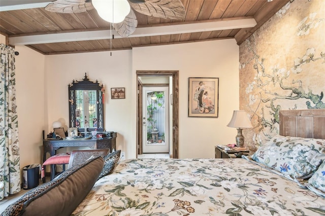 bedroom with wood ceiling, ceiling fan, and lofted ceiling with beams