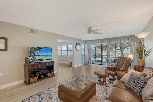 living room featuring light wood-type flooring, a textured ceiling, and a wealth of natural light