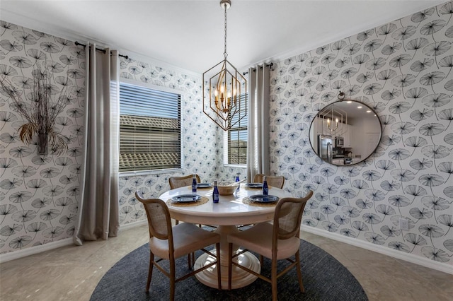 tiled dining space with a notable chandelier and crown molding