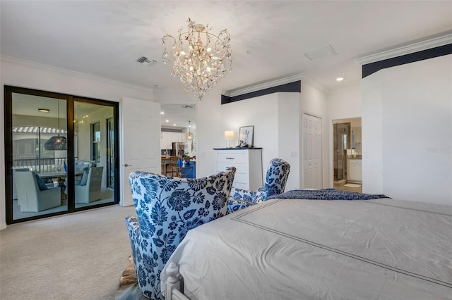 bedroom with ensuite bathroom, light colored carpet, access to exterior, crown molding, and a chandelier