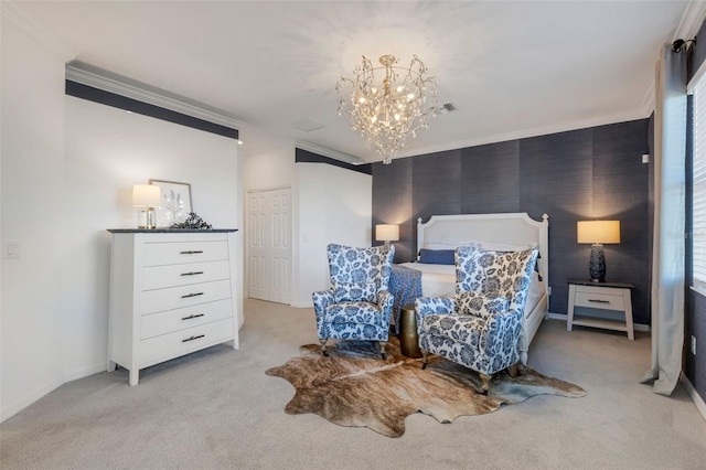 carpeted bedroom with a closet, crown molding, and a notable chandelier