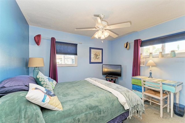 bedroom featuring carpet flooring and ceiling fan