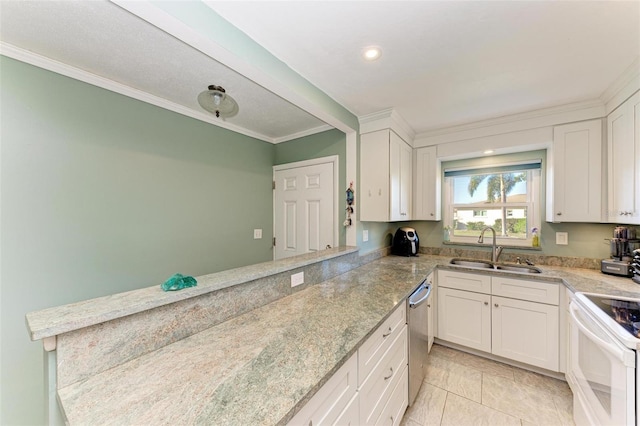 kitchen featuring kitchen peninsula, sink, white cabinets, and white range with electric cooktop