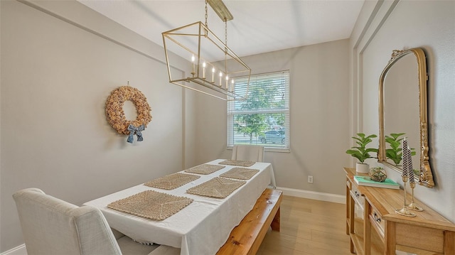 dining area featuring hardwood / wood-style floors and a notable chandelier