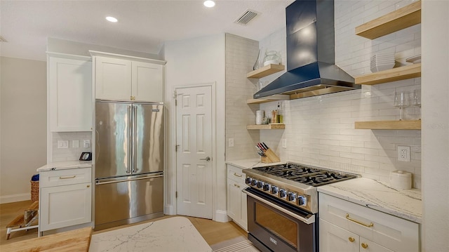 kitchen featuring backsplash, white cabinets, range hood, and premium appliances