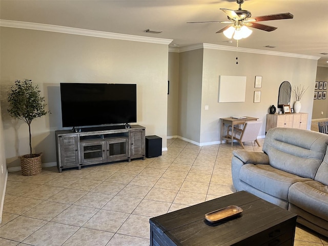 tiled living room featuring crown molding and ceiling fan