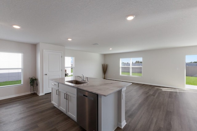 kitchen featuring white cabinetry, dishwasher, sink, a healthy amount of sunlight, and a kitchen island with sink