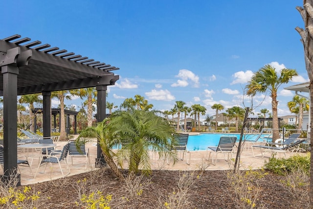 view of swimming pool with a pergola and a patio