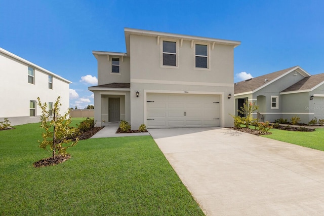 front facade featuring a garage and a front lawn