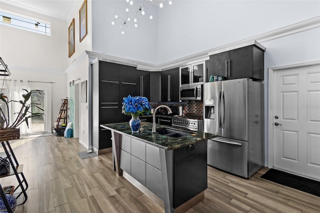 kitchen with a high ceiling, sink, light hardwood / wood-style flooring, an island with sink, and stainless steel appliances