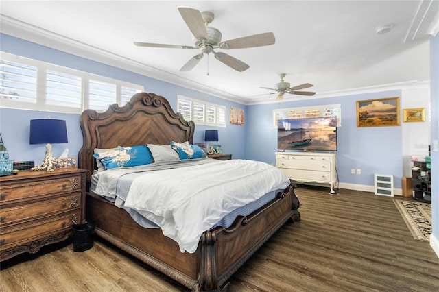 bedroom featuring multiple windows, ceiling fan, dark hardwood / wood-style flooring, and crown molding