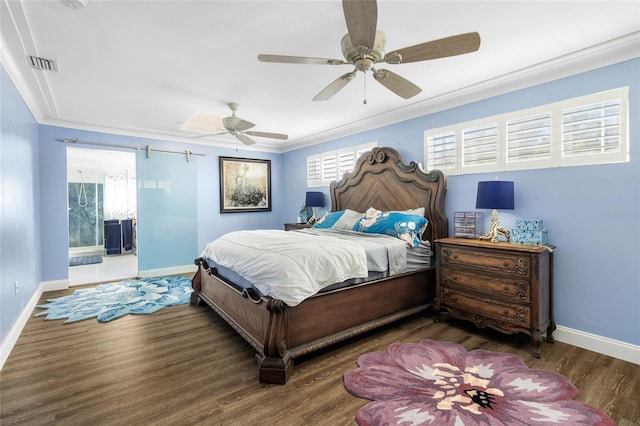 bedroom with ceiling fan, dark hardwood / wood-style flooring, and crown molding