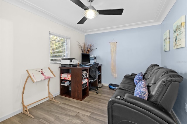 office with ceiling fan, light hardwood / wood-style flooring, and ornamental molding