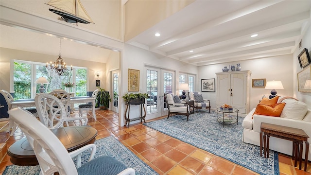 tiled living room featuring beamed ceiling, a chandelier, and plenty of natural light