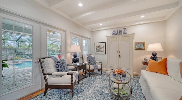 tiled living room with beam ceiling