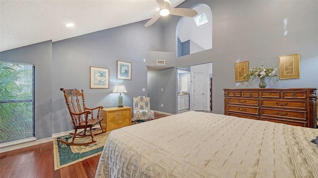 bedroom with ceiling fan, high vaulted ceiling, and dark wood-type flooring