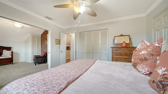 carpeted bedroom with lofted ceiling, ceiling fan, and ornamental molding