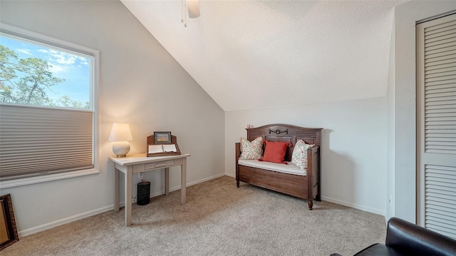 sitting room featuring light colored carpet and lofted ceiling