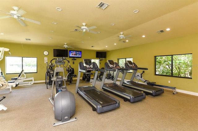 exercise room with ceiling fan