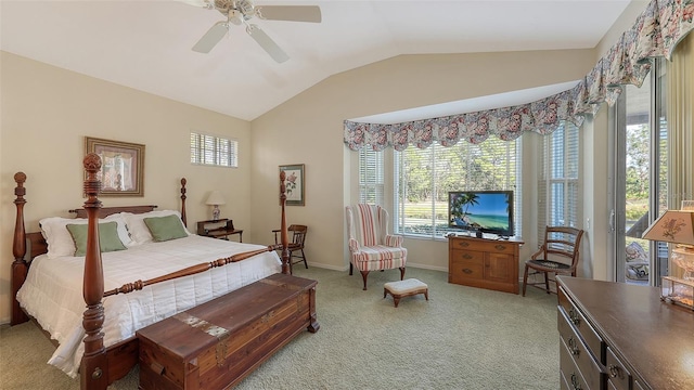 bedroom featuring ceiling fan, light carpet, and vaulted ceiling