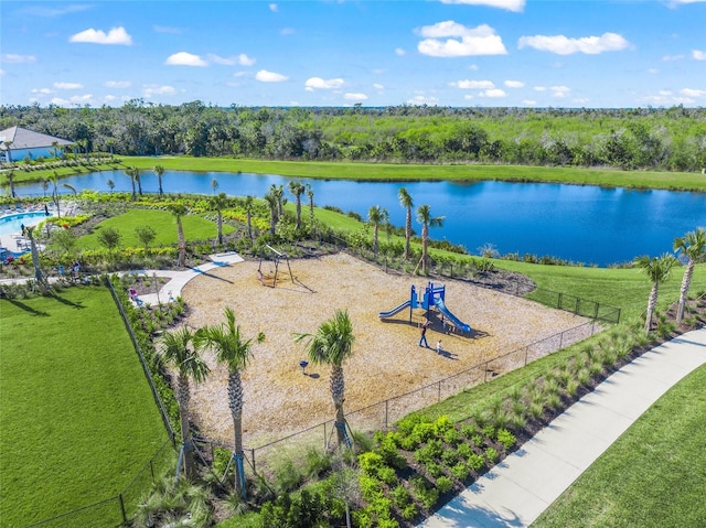 bird's eye view with a water view