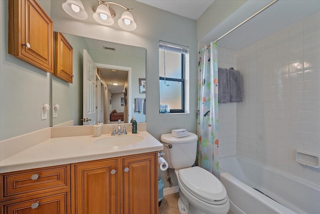 full bathroom with toilet, shower / bath combo, tile patterned flooring, and vanity