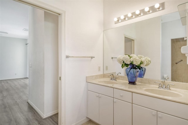 bathroom featuring vanity and wood-type flooring