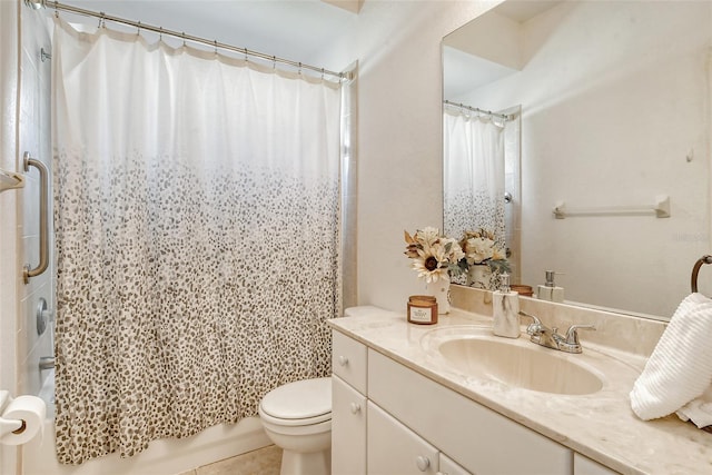 full bathroom with toilet, tile patterned floors, vanity, and shower / tub combo with curtain