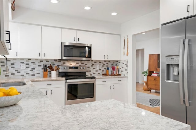 kitchen featuring tasteful backsplash, sink, white cabinets, and stainless steel appliances