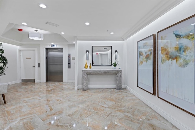 corridor featuring elevator and crown molding