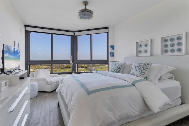 bedroom featuring expansive windows and wood-type flooring