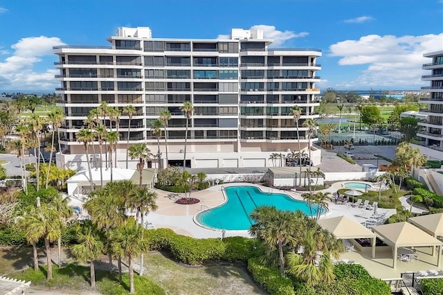 view of swimming pool featuring a patio area