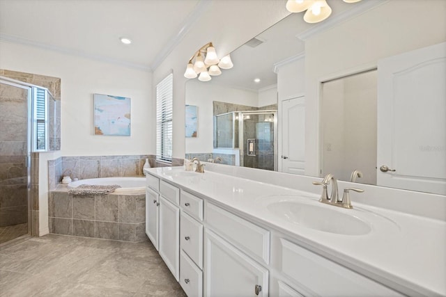 bathroom with vanity, crown molding, independent shower and bath, and an inviting chandelier