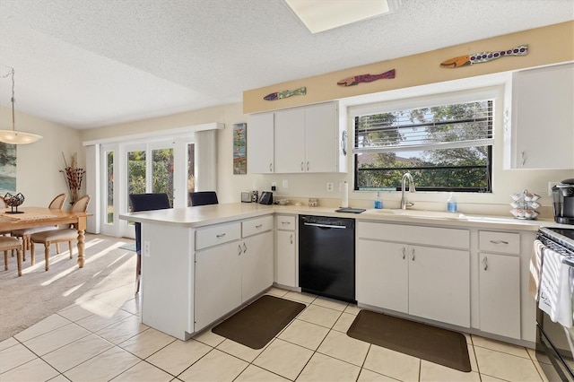 kitchen with white cabinets, sink, kitchen peninsula, and black dishwasher