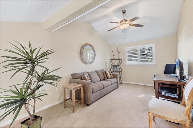 living room featuring ceiling fan, lofted ceiling, a textured ceiling, and light carpet