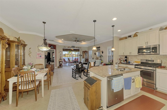 kitchen with light stone countertops, ceiling fan, stainless steel appliances, a raised ceiling, and an island with sink